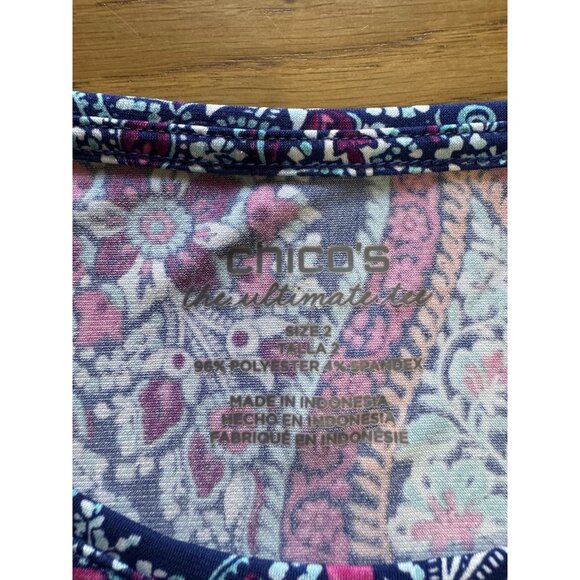 Chicos The Ultimate Tee Shirt Women Size 2 Short Sleeve Paisly Print Colorful - Picture 3 of 10
